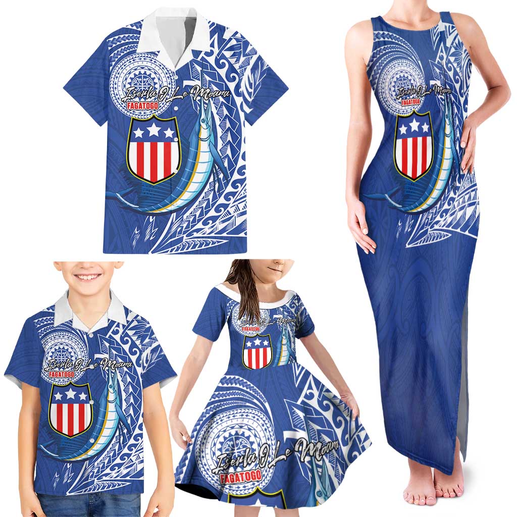 Personalised American Samoa Flag Day Family Matching Tank Maxi Dress and Hawaiian Shirt Fautasi Race Fagatogo-Iseula O Le Moana Sailfish Tribal Style LT03 - Polynesian Pride