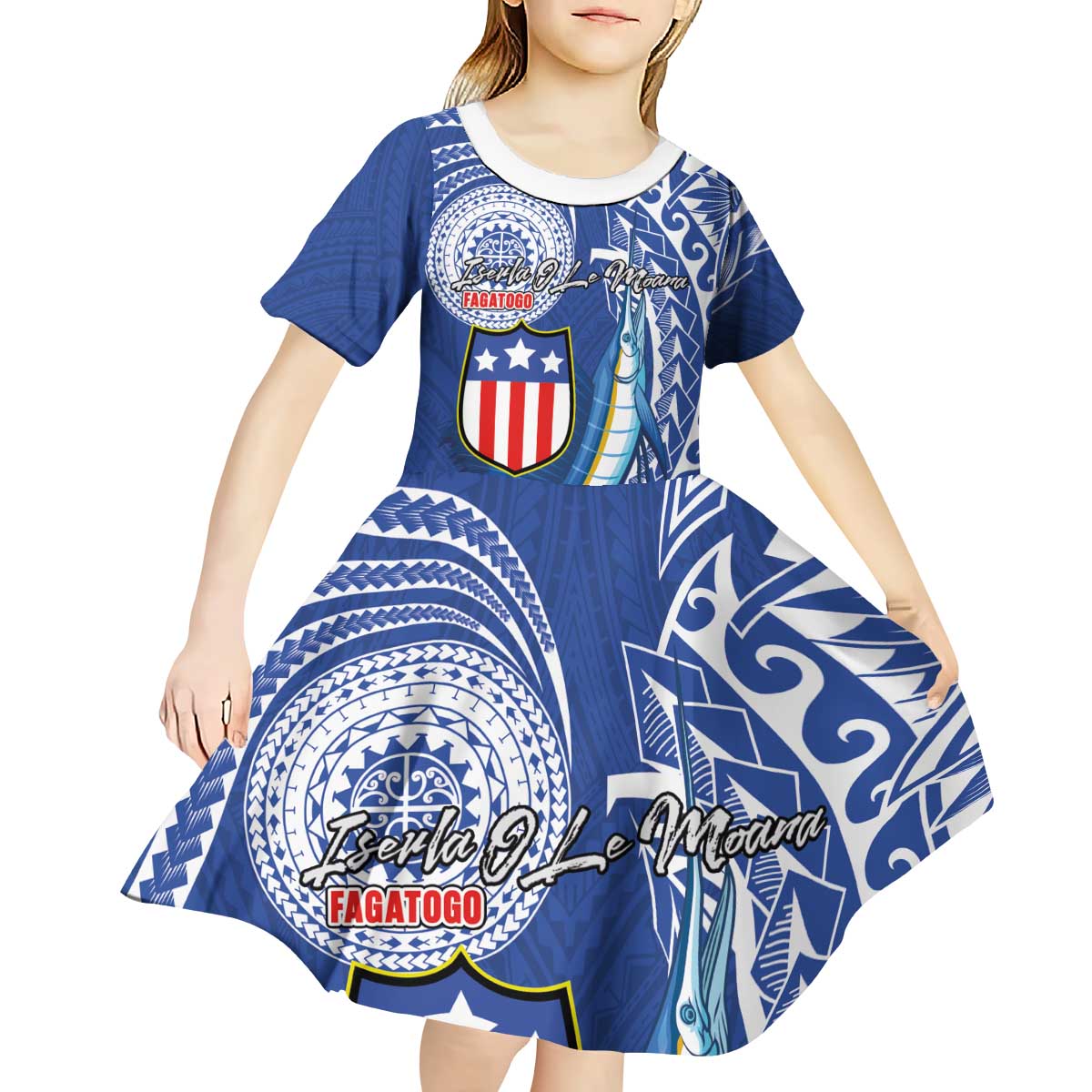 Personalised American Samoa Flag Day Kid Short Sleeve Dress Fautasi Race Fagatogo-Iseula O Le Moana Sailfish Tribal Style