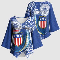 Personalised American Samoa Flag Day Kimono Sleeve Blouse Fautasi Race Fagatogo-Iseula O Le Moana Sailfish Tribal Style