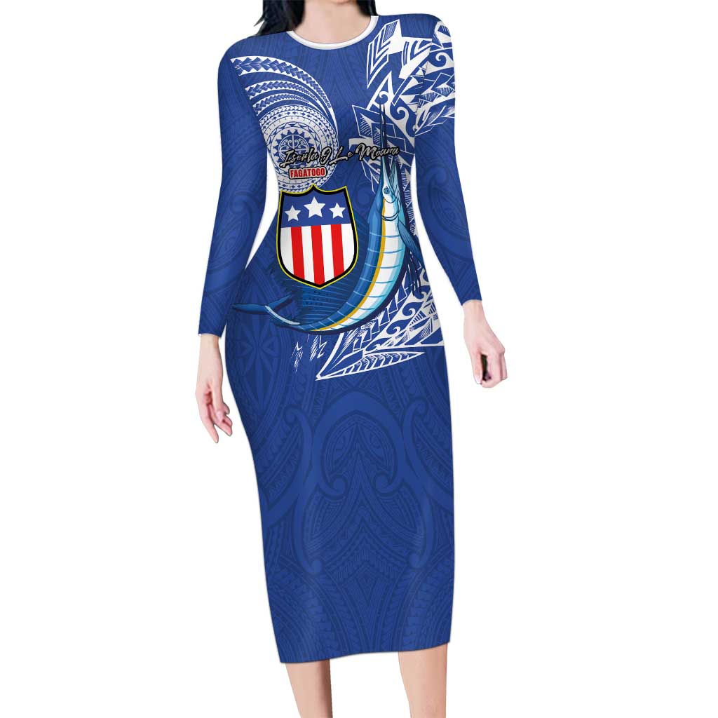 Personalised American Samoa Flag Day Long Sleeve Bodycon Dress Fautasi Race Fagatogo-Iseula O Le Moana Sailfish Tribal Style LT03 Long Dress Multicolor - Polynesian Pride