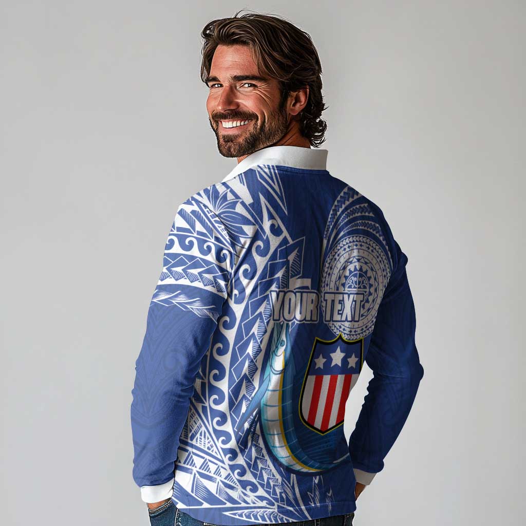 Personalised American Samoa Flag Day Long Sleeve Polo Shirt Fautasi Race Fagatogo-Iseula O Le Moana Sailfish Tribal Style