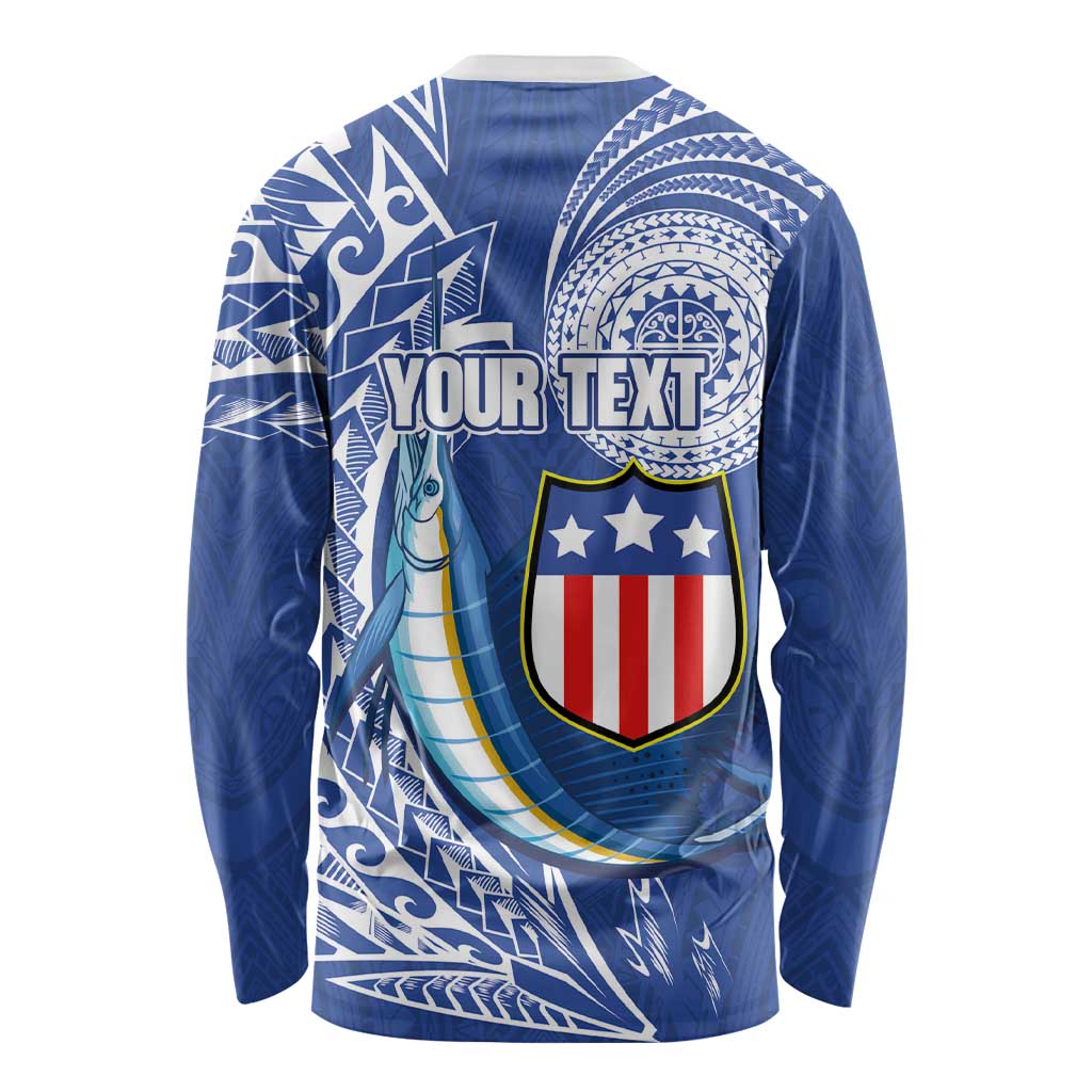 Personalised American Samoa Flag Day Long Sleeve Shirt Fautasi Race Fagatogo-Iseula O Le Moana Sailfish Tribal Style