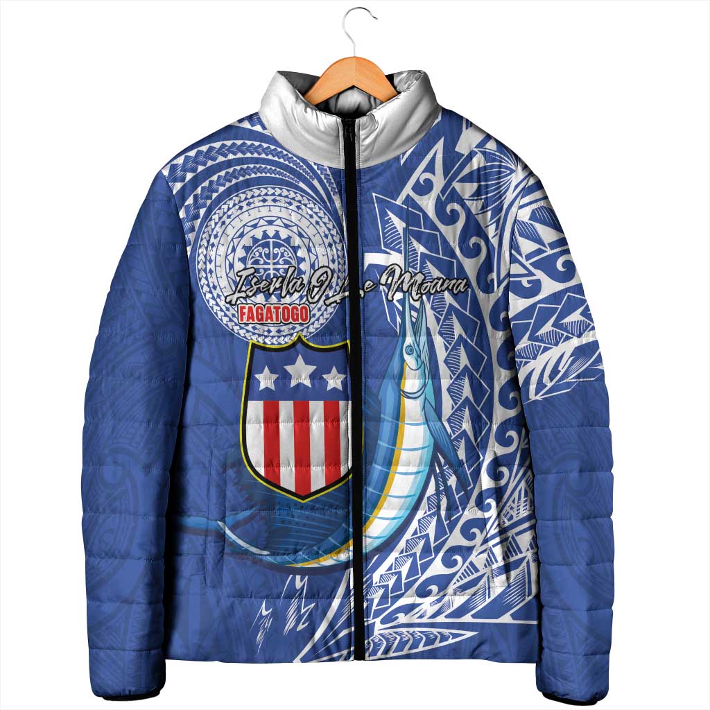 Personalised American Samoa Flag Day Padded Jacket Fautasi Race Fagatogo-Iseula O Le Moana Sailfish Tribal Style