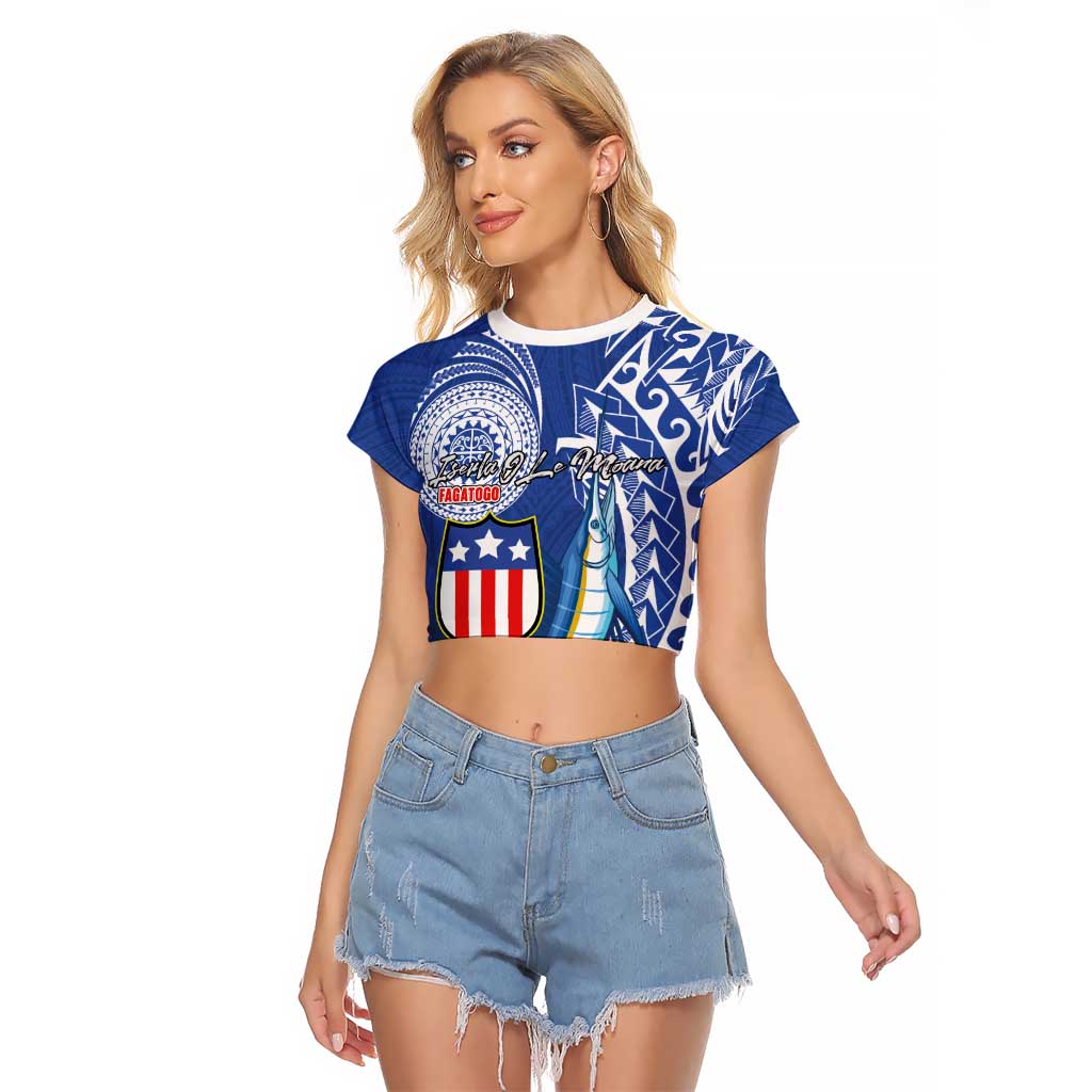 Personalised American Samoa Flag Day Raglan Cropped T Shirt Fautasi Race Fagatogo-Iseula O Le Moana Sailfish Tribal Style LT03 Female Multicolor - Polynesian Pride