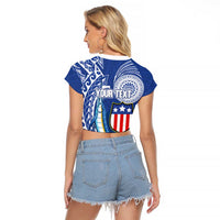 Personalised American Samoa Flag Day Raglan Cropped T Shirt Fautasi Race Fagatogo-Iseula O Le Moana Sailfish Tribal Style