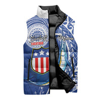 Personalised American Samoa Flag Day Sleeveless Puffer Jacket Fautasi Race Fagatogo-Iseula O Le Moana Sailfish Tribal Style