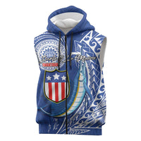Personalised American Samoa Flag Day Sleeveless Zip Hoodie Fautasi Race Fagatogo-Iseula O Le Moana Sailfish Tribal Style