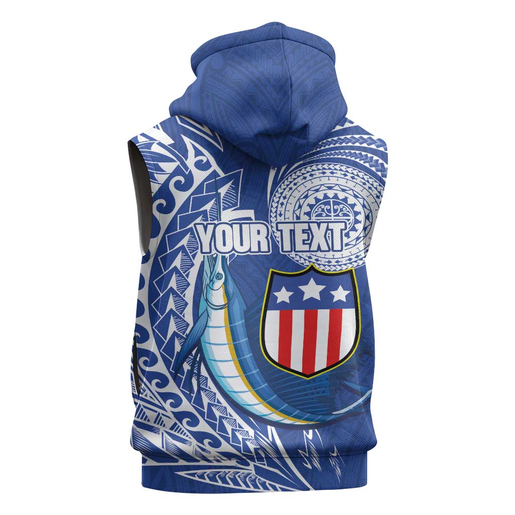 Personalised American Samoa Flag Day Sleeveless Zip Hoodie Fautasi Race Fagatogo-Iseula O Le Moana Sailfish Tribal Style