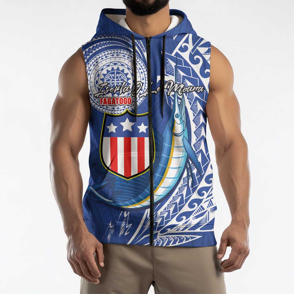 Personalised American Samoa Flag Day Sleeveless Zip Hoodie Fautasi Race Fagatogo-Iseula O Le Moana Sailfish Tribal Style