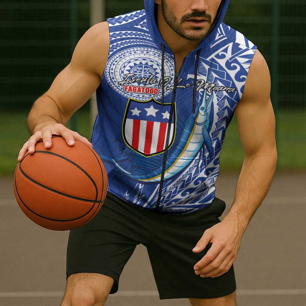 Personalised American Samoa Flag Day Sleeveless Zip Hoodie Fautasi Race Fagatogo-Iseula O Le Moana Sailfish Tribal Style