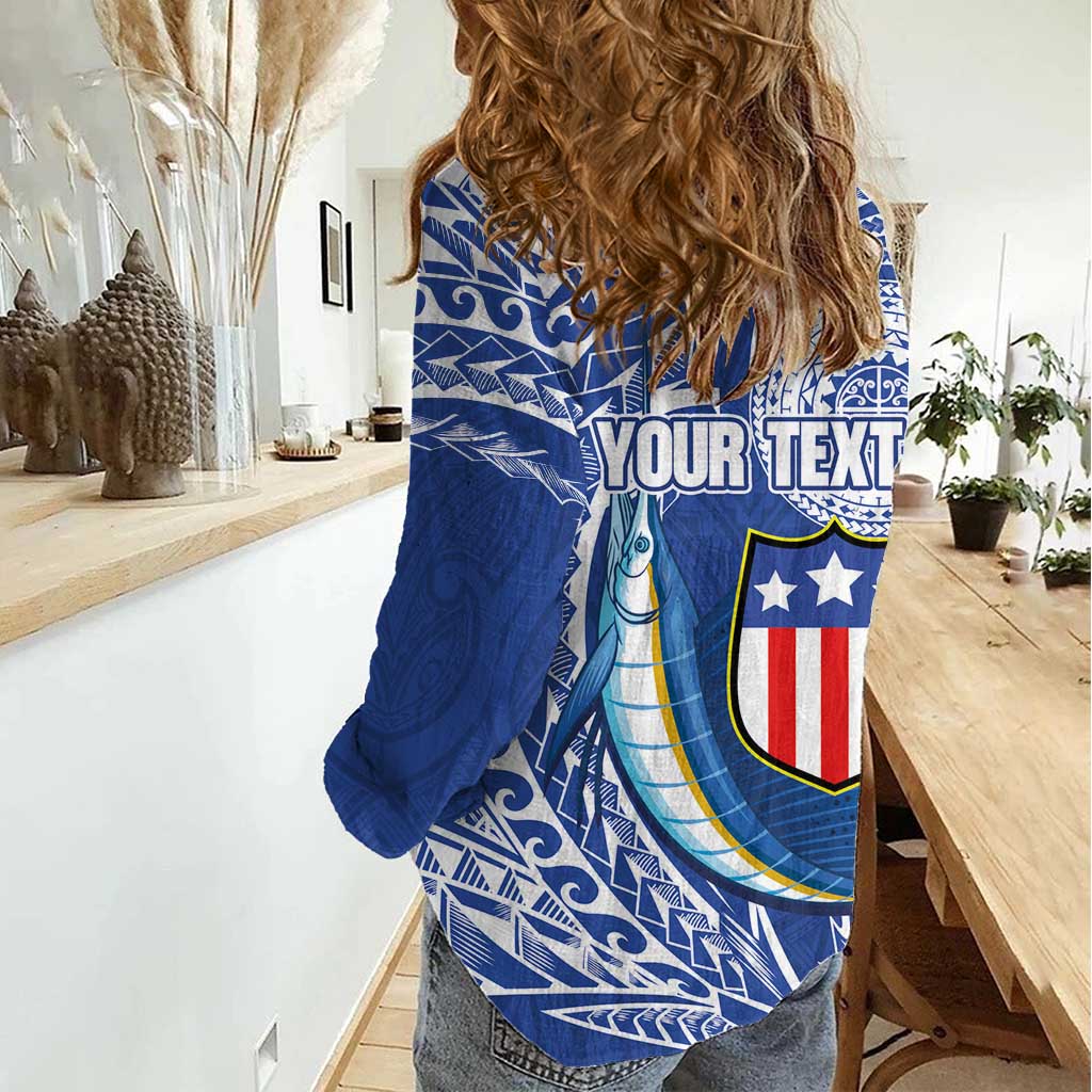 Personalised American Samoa Flag Day Women Casual Shirt Fautasi Race Fagatogo-Iseula O Le Moana Sailfish Tribal Style