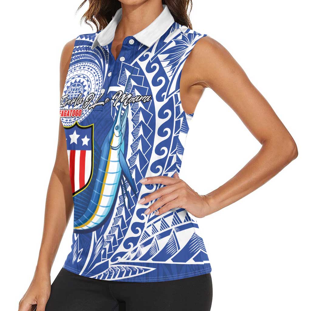 Personalised American Samoa Flag Day Women Sleeveless Polo Shirt Fautasi Race Fagatogo-Iseula O Le Moana Sailfish Tribal Style