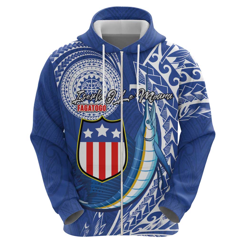 Personalised American Samoa Flag Day Zip Hoodie Fautasi Race Fagatogo-Iseula O Le Moana Sailfish Tribal Style