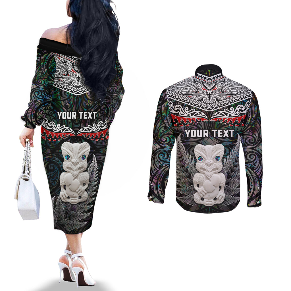 New Zealand Hei Tiki Couples Matching Off The Shoulder Long Sleeve Dress and Long Sleeve Button Shirt Maori Green Papua Shell Pattern LT03 - Polynesian Pride