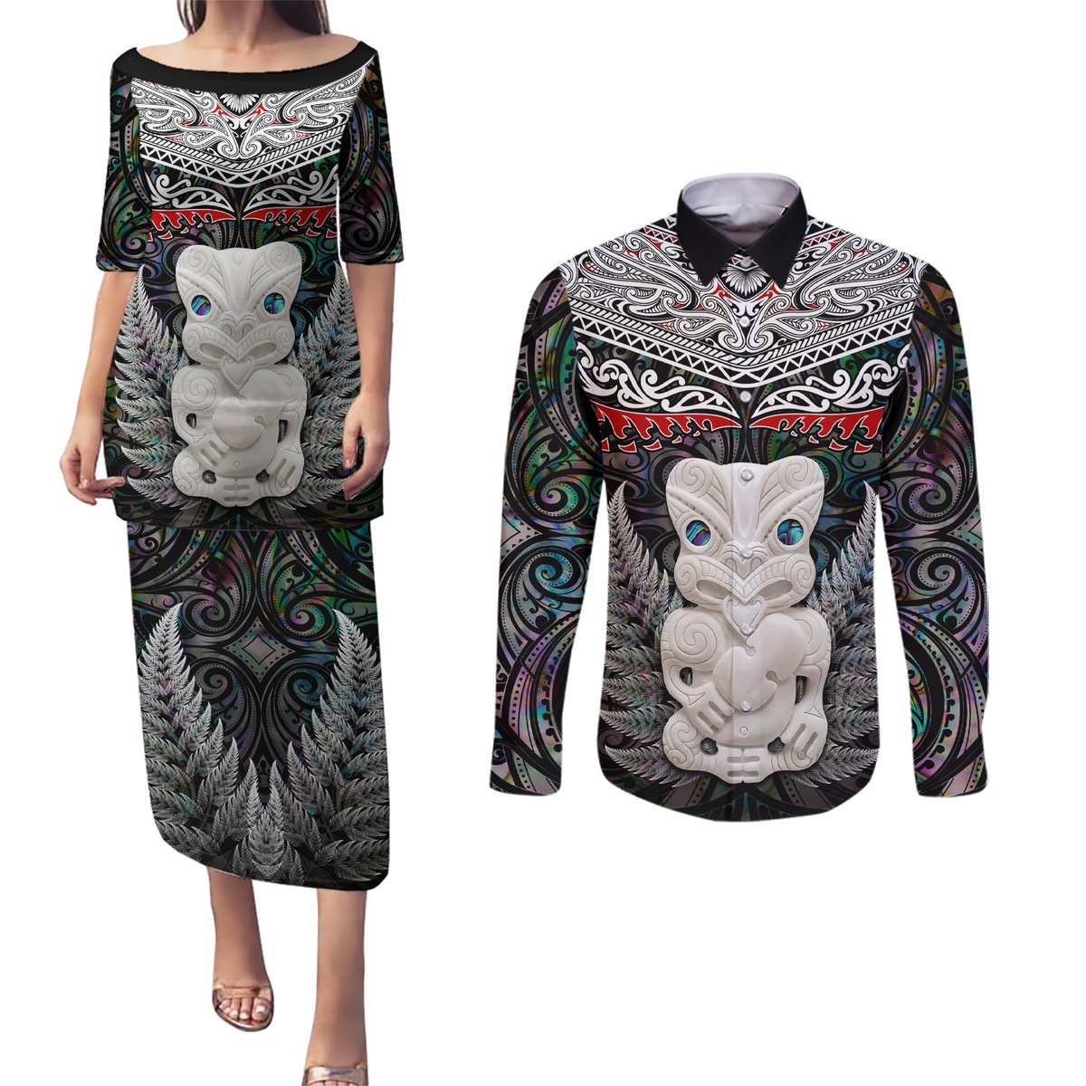 New Zealand Hei Tiki Couples Matching Puletasi and Long Sleeve Button Shirt Maori Green Papua Shell Pattern LT03 Green - Polynesian Pride
