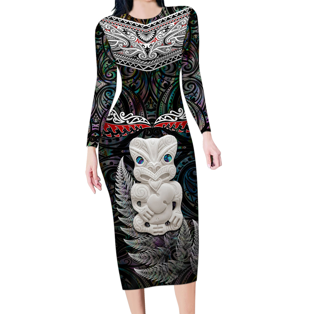 New Zealand Hei Tiki Family Matching Long Sleeve Bodycon Dress and Hawaiian Shirt Maori Green Papua Shell Pattern LT03 Mom's Dress Green - Polynesian Pride