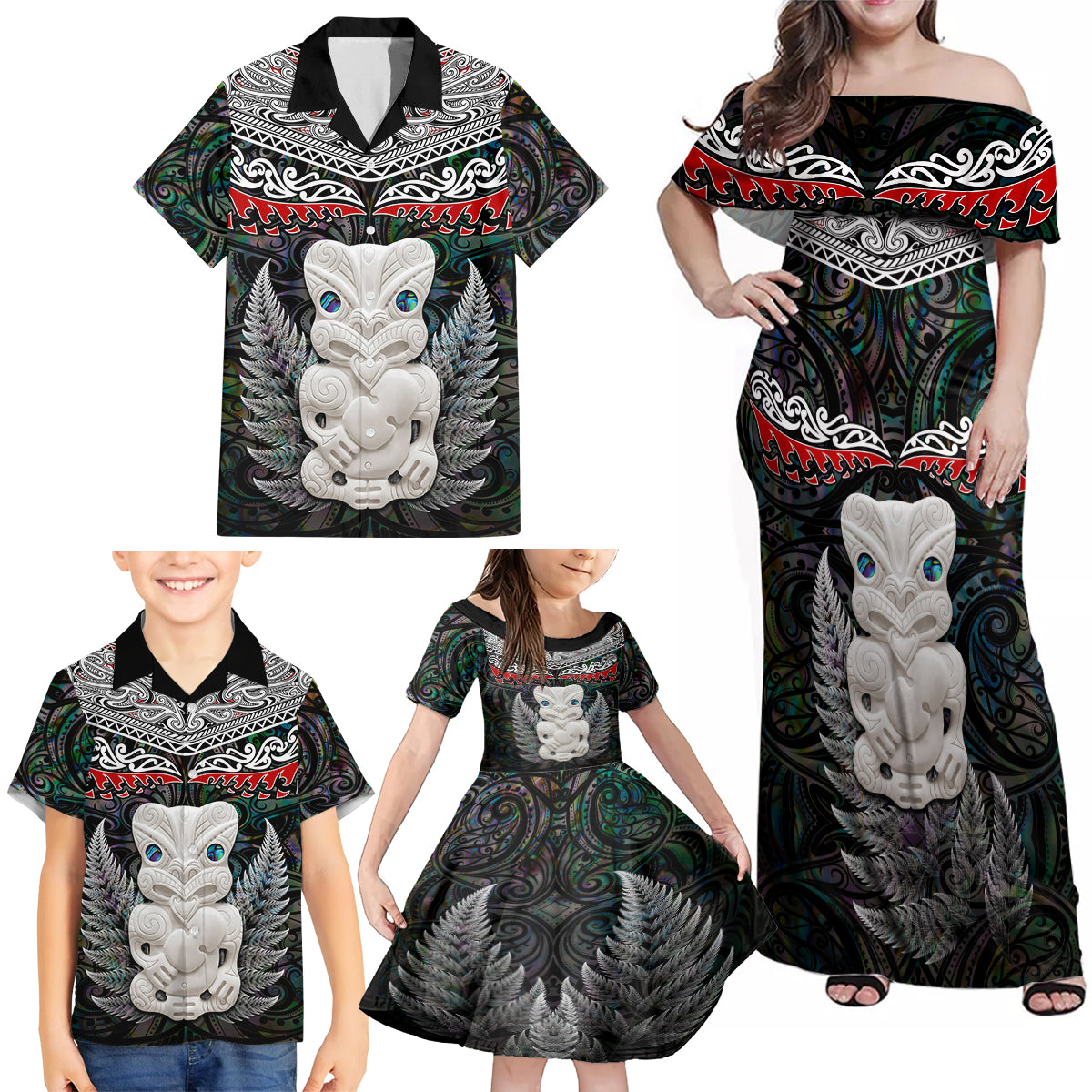 New Zealand Hei Tiki Family Matching Off Shoulder Maxi Dress and Hawaiian Shirt Maori Green Papua Shell Pattern LT03 - Polynesian Pride