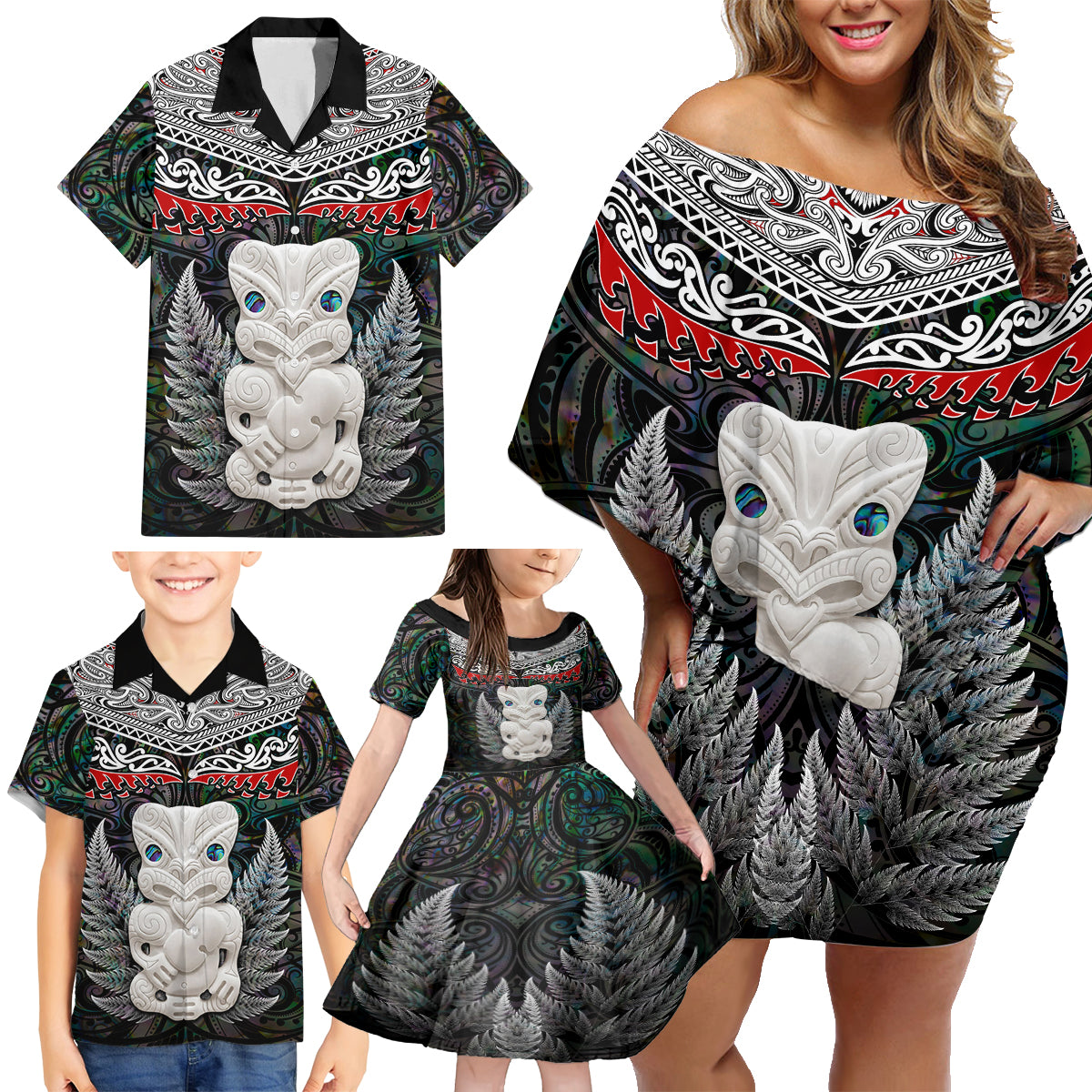 New Zealand Hei Tiki Family Matching Off Shoulder Short Dress and Hawaiian Shirt Maori Green Papua Shell Pattern LT03 - Polynesian Pride