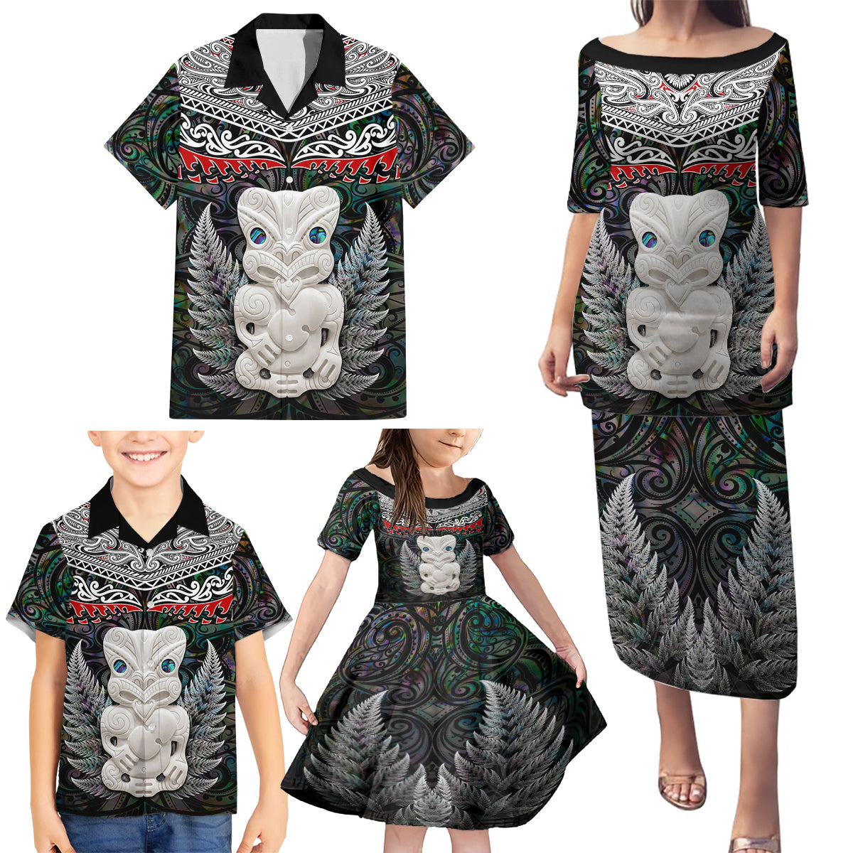 New Zealand Hei Tiki Family Matching Puletasi and Hawaiian Shirt Maori Green Papua Shell Pattern LT03 - Polynesian Pride