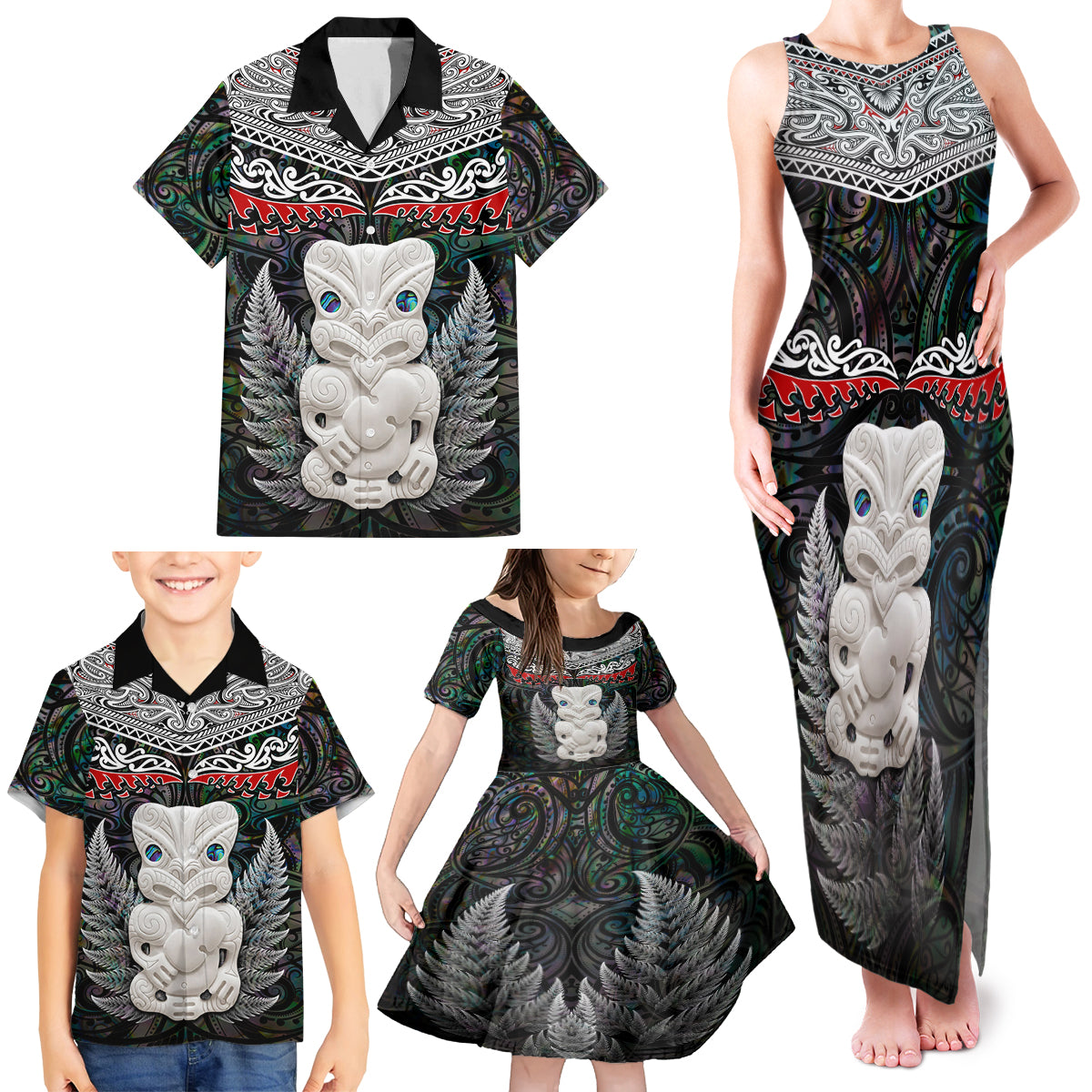 New Zealand Hei Tiki Family Matching Tank Maxi Dress and Hawaiian Shirt Maori Green Papua Shell Pattern LT03 - Polynesian Pride