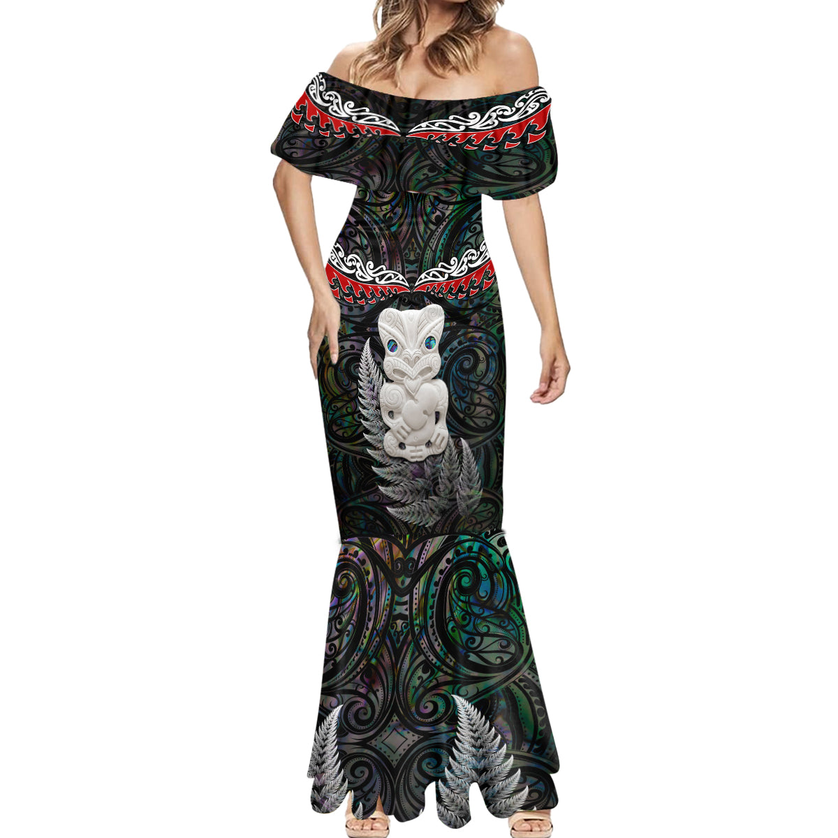 New Zealand Hei Tiki Mermaid Dress Maori Green Papua Shell Pattern LT03 - Polynesian Pride