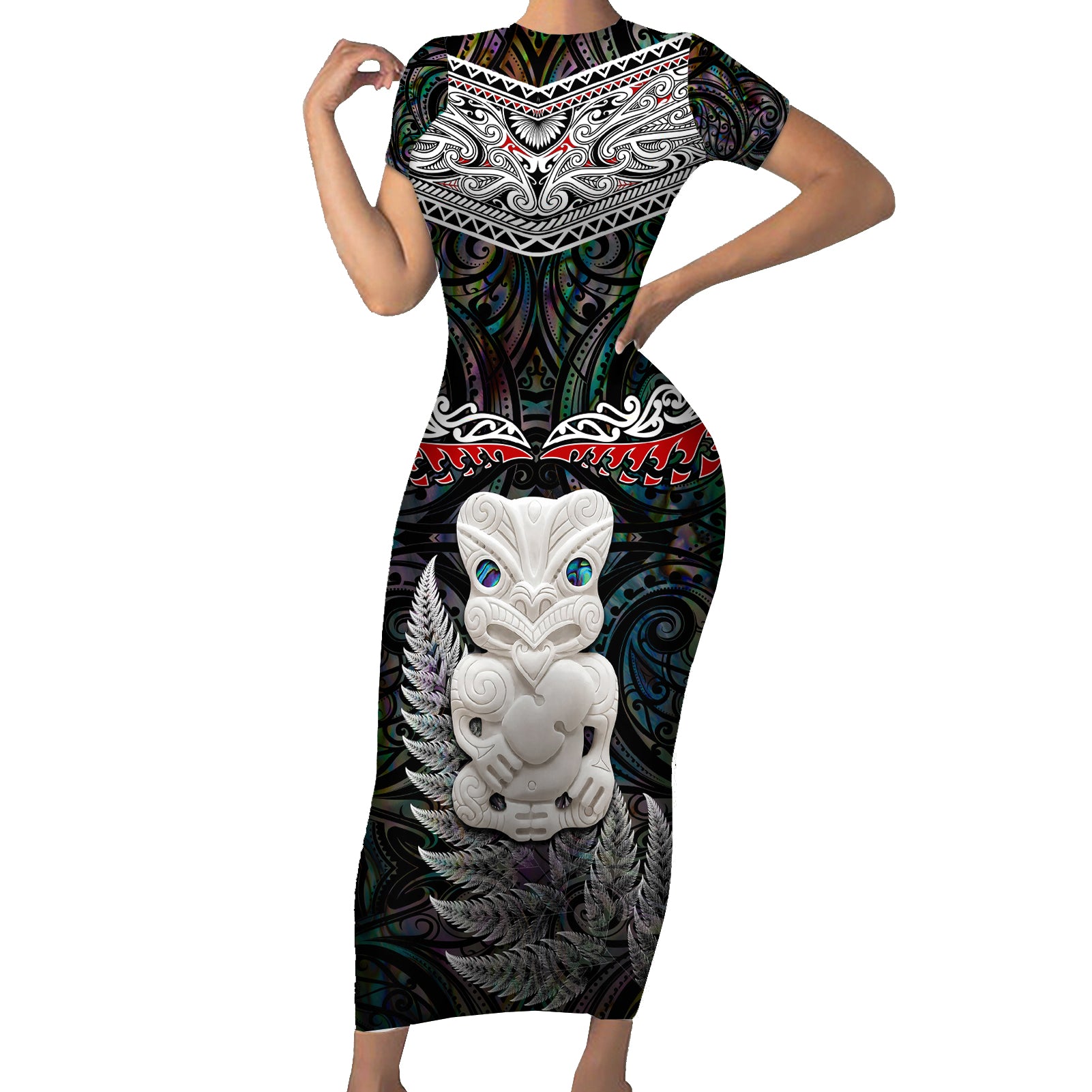 New Zealand Hei Tiki Short Sleeve Bodycon Dress Maori Green Papua Shell Pattern LT03 Long Dress Green - Polynesian Pride