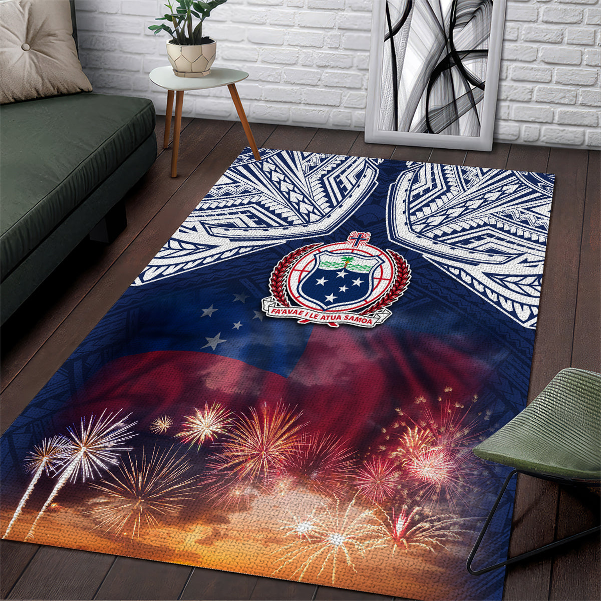 Samoa Indenpendence Day Area Rug Sky Fireworks with Flag Style LT03 Black - Polynesian Pride