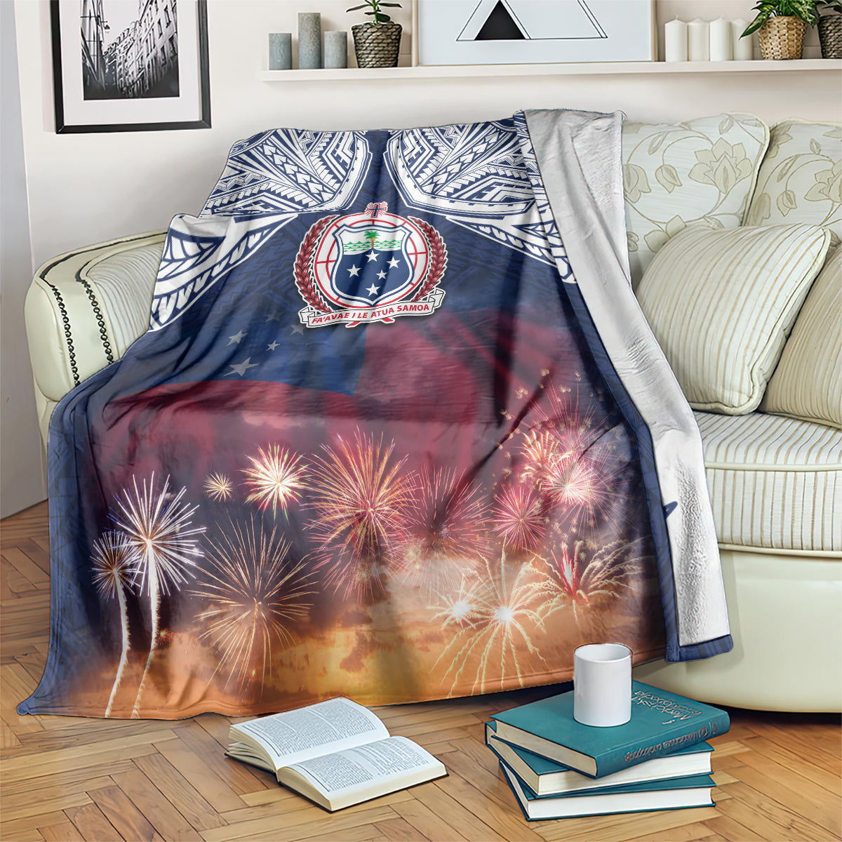 Samoa Indenpendence Day Blanket Sky Fireworks with Flag Style LT03 Black - Polynesian Pride