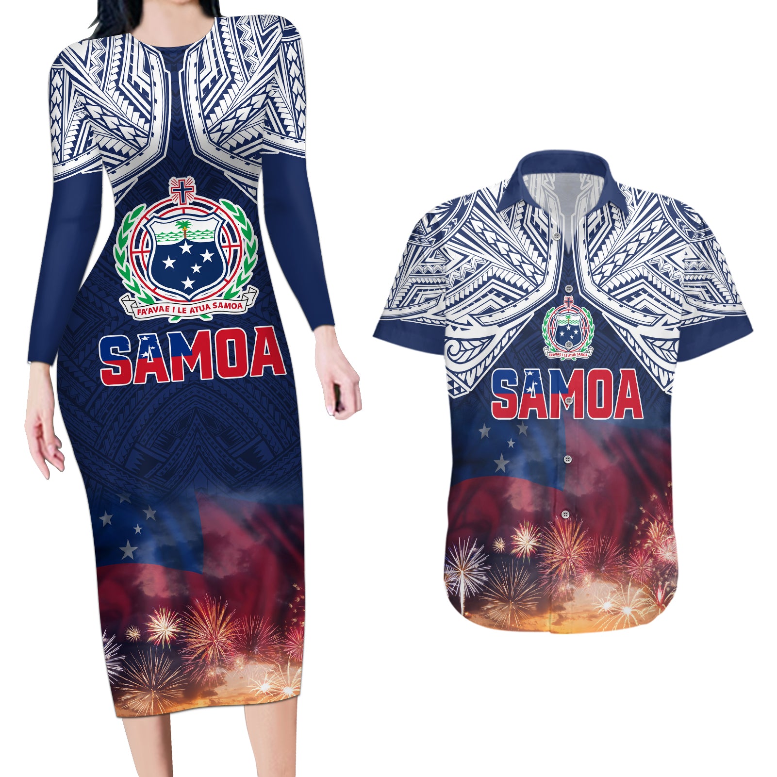 Samoa Indenpendence Day Couples Matching Long Sleeve Bodycon Dress and Hawaiian Shirt Sky Fireworks with Flag Style LT03 Black - Polynesian Pride