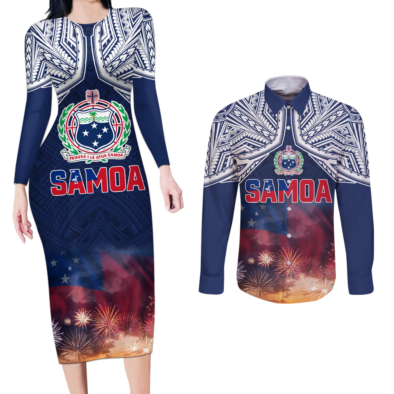 Samoa Indenpendence Day Couples Matching Long Sleeve Bodycon Dress and Long Sleeve Button Shirt Sky Fireworks with Flag Style LT03 Black - Polynesian Pride