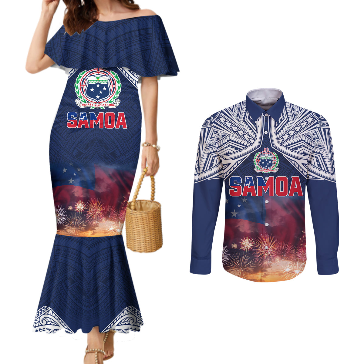 Samoa Indenpendence Day Couples Matching Mermaid Dress and Long Sleeve Button Shirt Sky Fireworks with Flag Style LT03 Black - Polynesian Pride