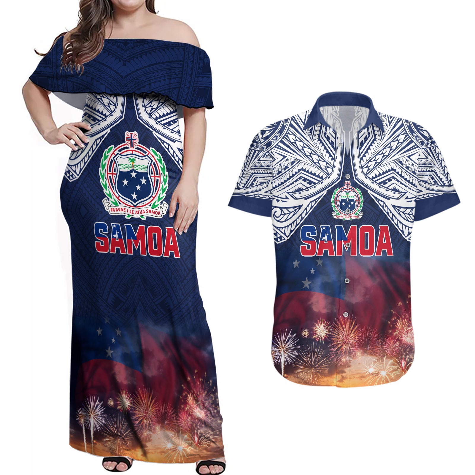 Samoa Indenpendence Day Couples Matching Off Shoulder Maxi Dress and Hawaiian Shirt Sky Fireworks with Flag Style LT03 Black - Polynesian Pride