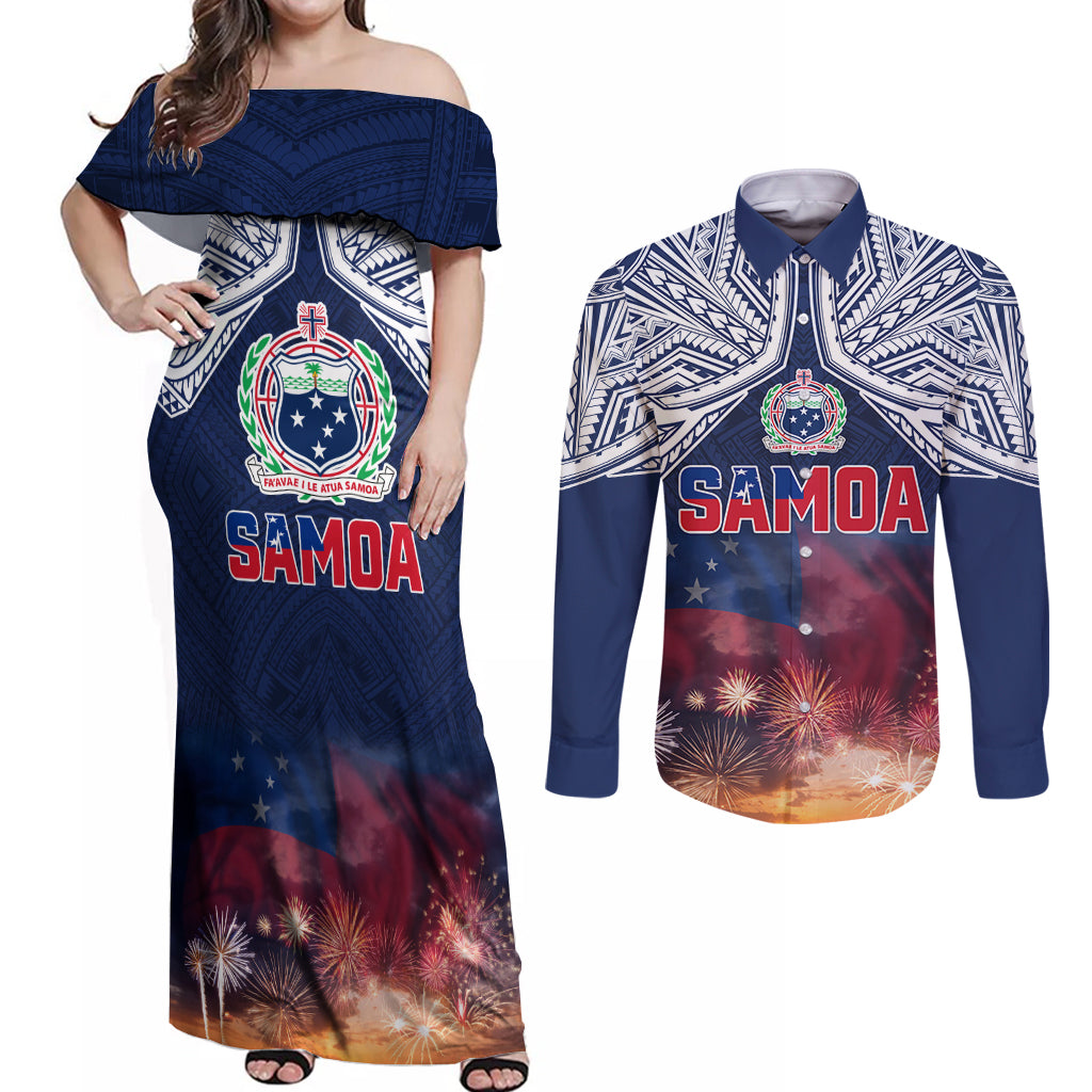 Samoa Indenpendence Day Couples Matching Off Shoulder Maxi Dress and Long Sleeve Button Shirt Sky Fireworks with Flag Style LT03 Black - Polynesian Pride