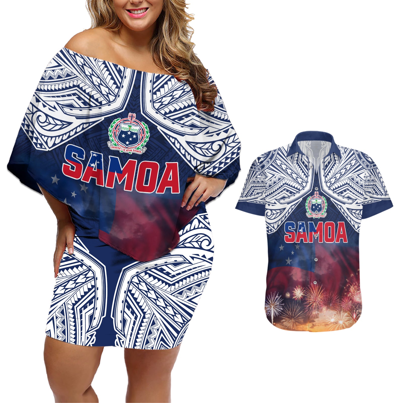 Samoa Indenpendence Day Couples Matching Off Shoulder Short Dress and Hawaiian Shirt Sky Fireworks with Flag Style LT03 Black - Polynesian Pride