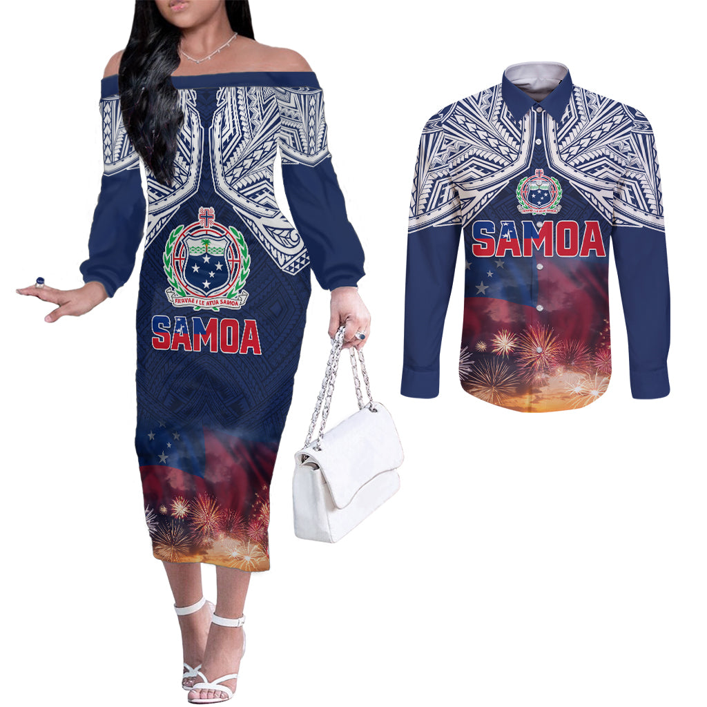 Samoa Indenpendence Day Couples Matching Off The Shoulder Long Sleeve Dress and Long Sleeve Button Shirt Sky Fireworks with Flag Style LT03 Black - Polynesian Pride