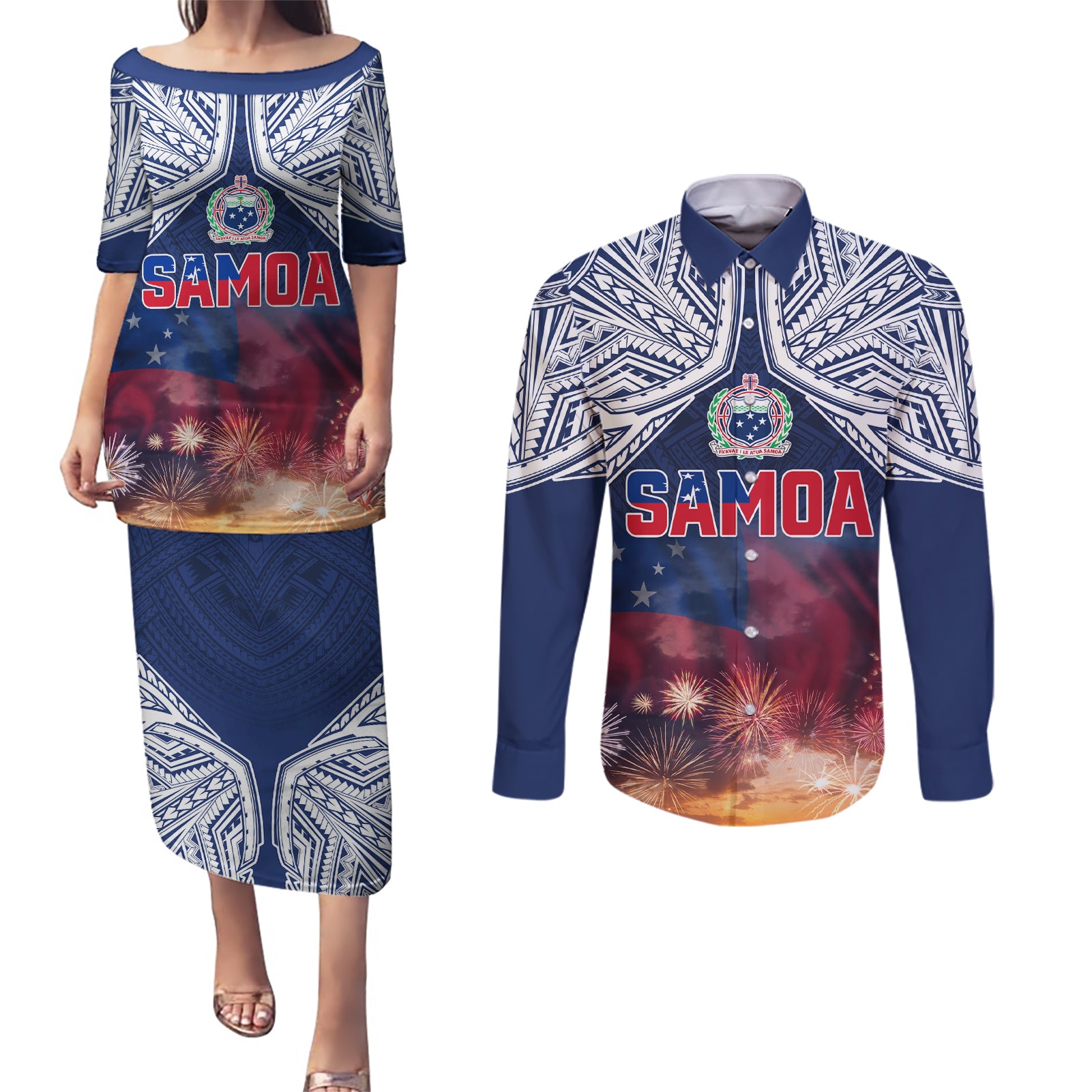 Samoa Indenpendence Day Couples Matching Puletasi and Long Sleeve Button Shirt Sky Fireworks with Flag Style LT03 Black - Polynesian Pride