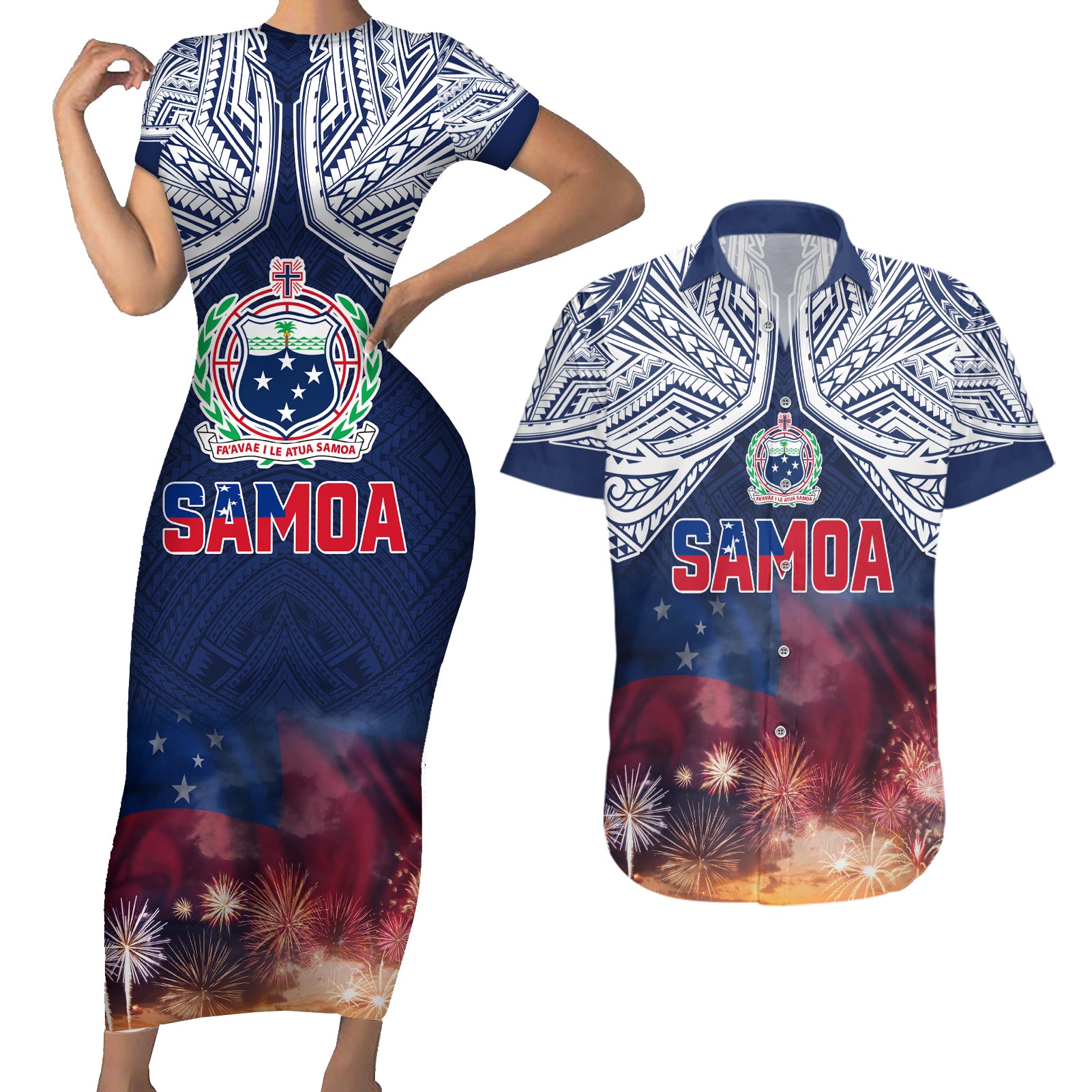 Samoa Indenpendence Day Couples Matching Short Sleeve Bodycon Dress and Hawaiian Shirt Sky Fireworks with Flag Style LT03 Black - Polynesian Pride