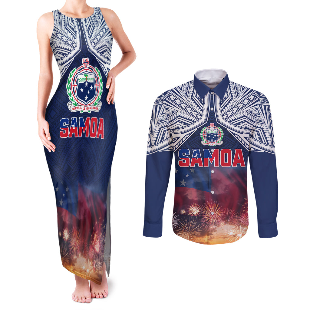 Samoa Indenpendence Day Couples Matching Tank Maxi Dress and Long Sleeve Button Shirt Sky Fireworks with Flag Style LT03 Black - Polynesian Pride