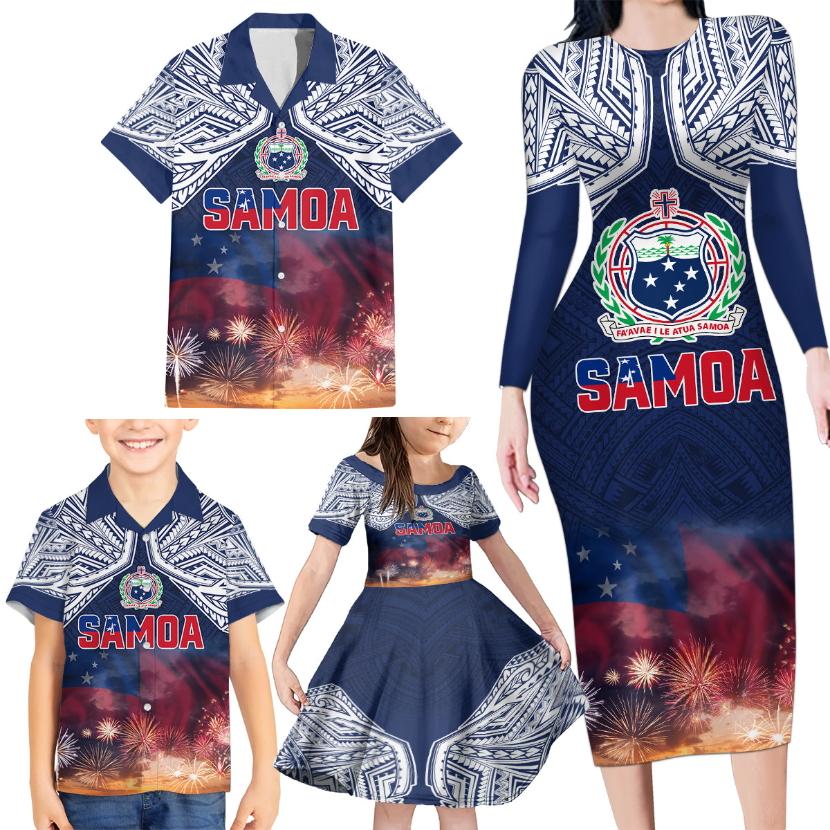 Samoa Indenpendence Day Family Matching Long Sleeve Bodycon Dress and Hawaiian Shirt Sky Fireworks with Flag Style LT03 - Polynesian Pride