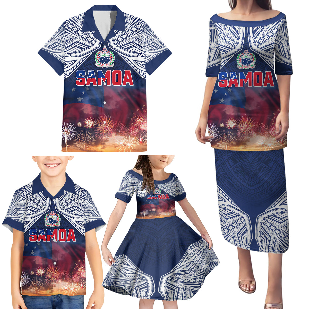 Samoa Indenpendence Day Family Matching Puletasi and Hawaiian Shirt Sky Fireworks with Flag Style LT03 - Polynesian Pride