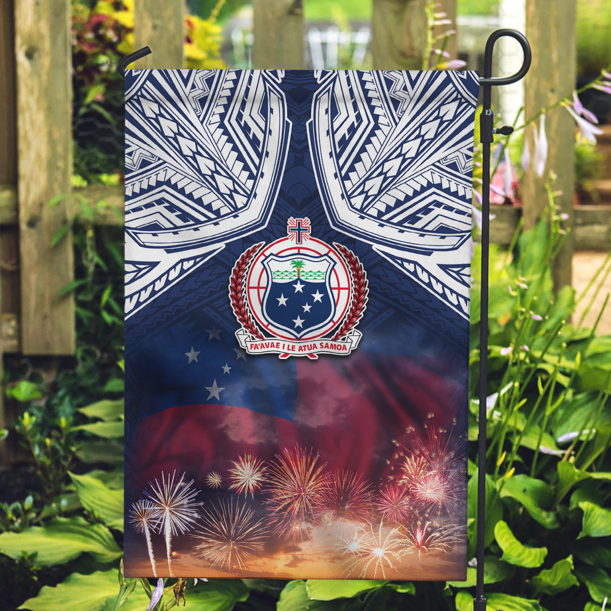 Samoa Indenpendence Day Garden Flag Sky Fireworks with Flag Style LT03 Garden Flag Black - Polynesian Pride