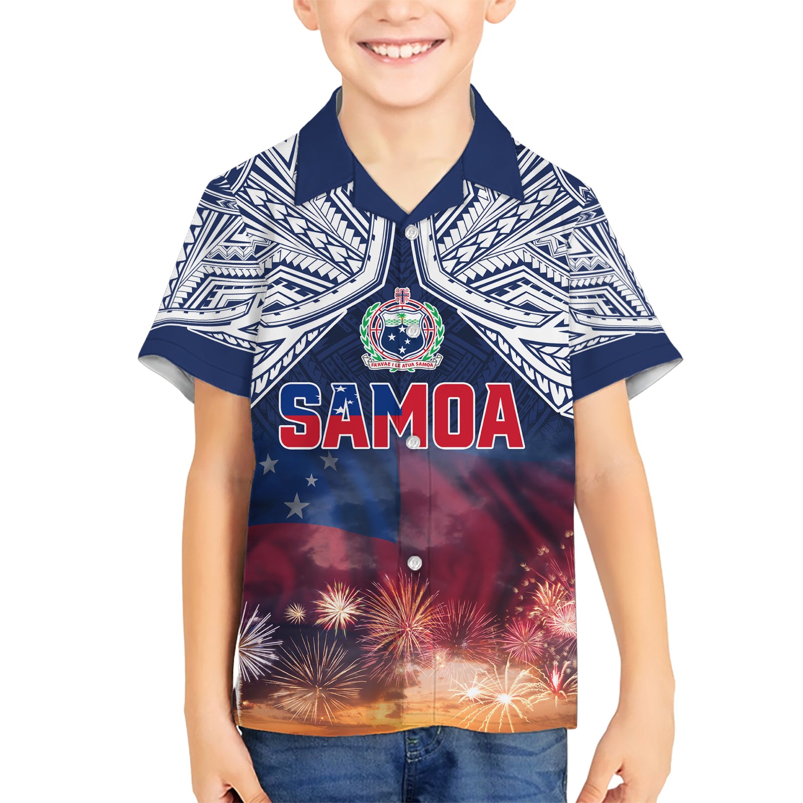 Samoa Indenpendence Day Kid Hawaiian Shirt Sky Fireworks with Flag Style LT03 Kid Black - Polynesian Pride