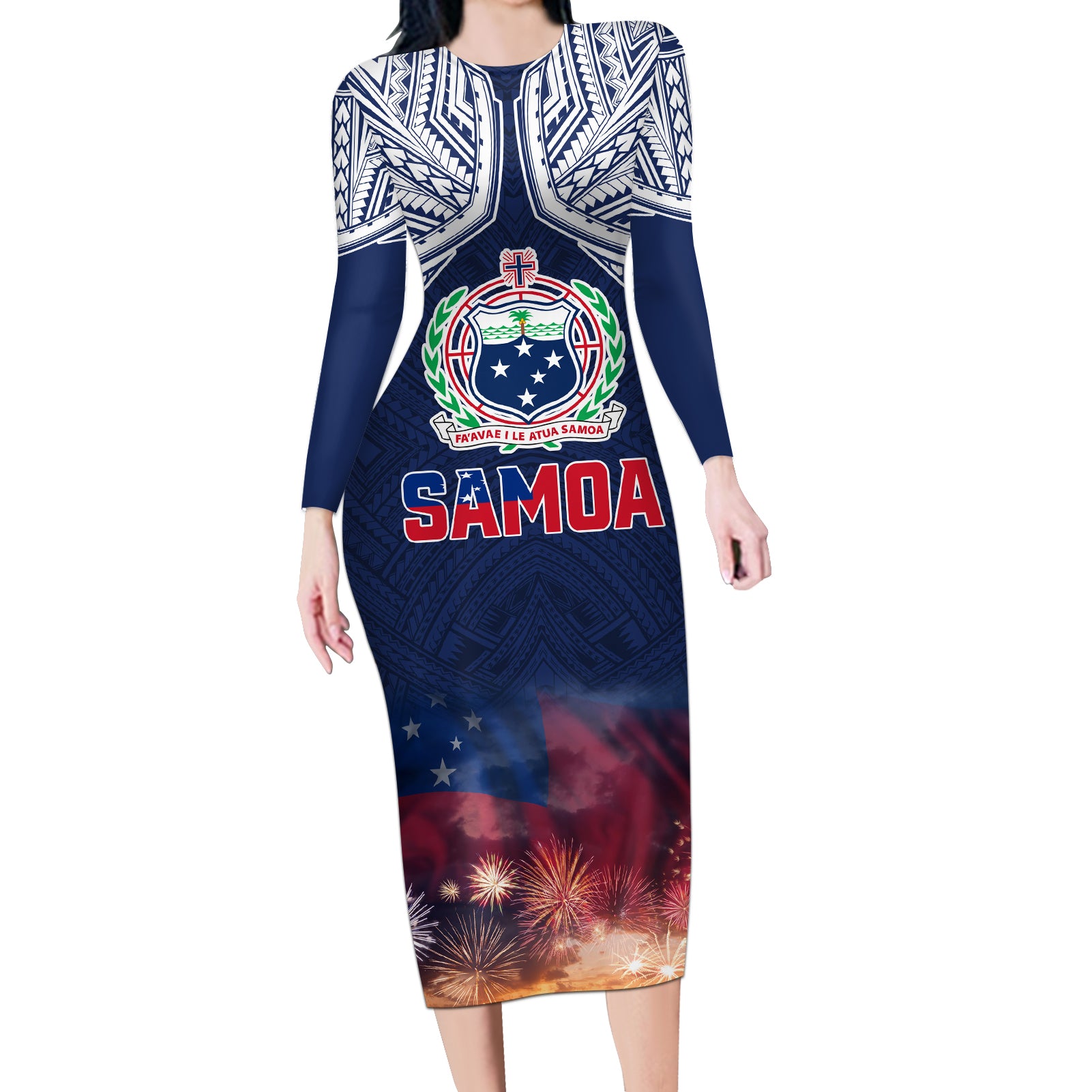 Samoa Indenpendence Day Long Sleeve Bodycon Dress Sky Fireworks with Flag Style LT03 Long Dress Black - Polynesian Pride