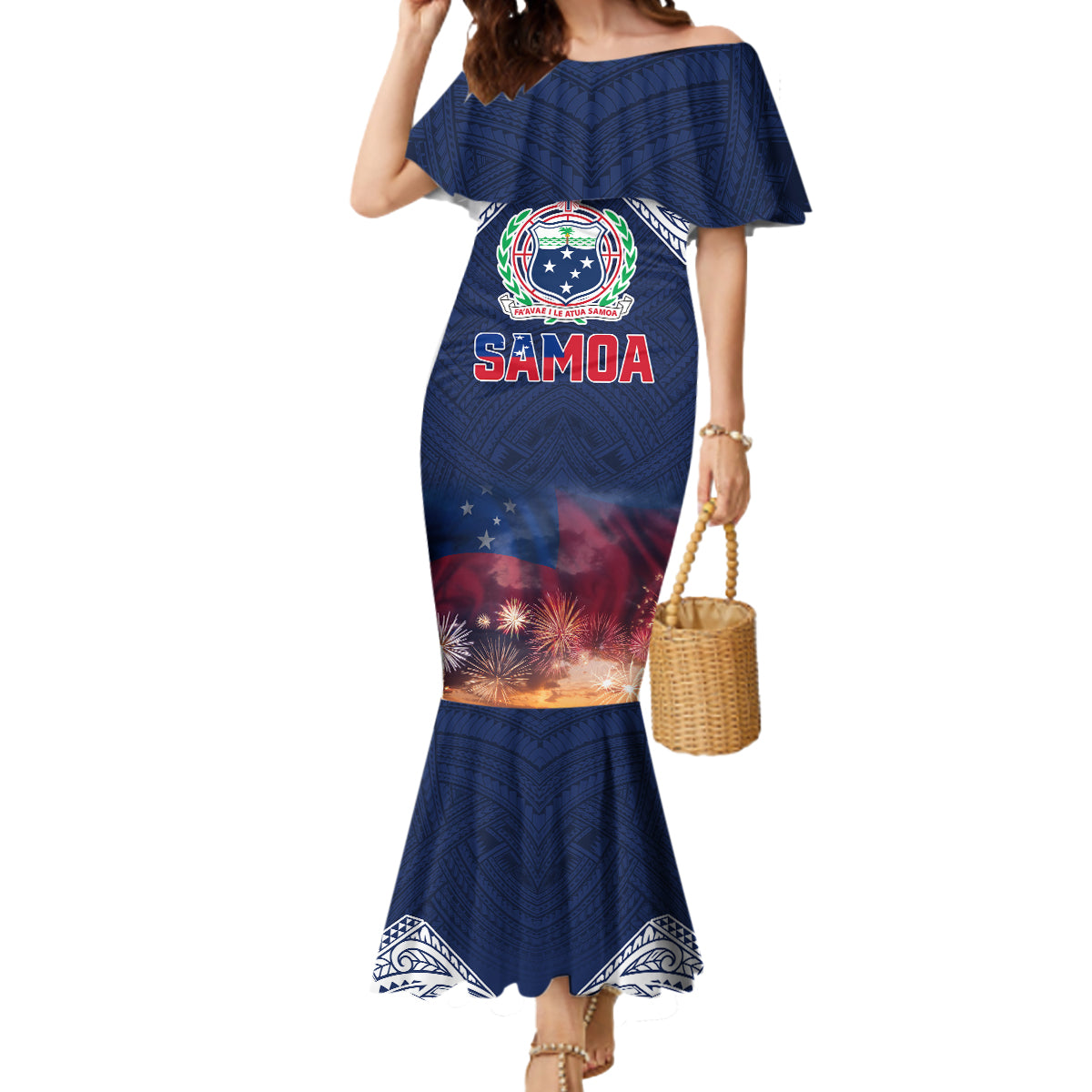 Samoa Indenpendence Day Mermaid Dress Sky Fireworks with Flag Style LT03 Women Black - Polynesian Pride