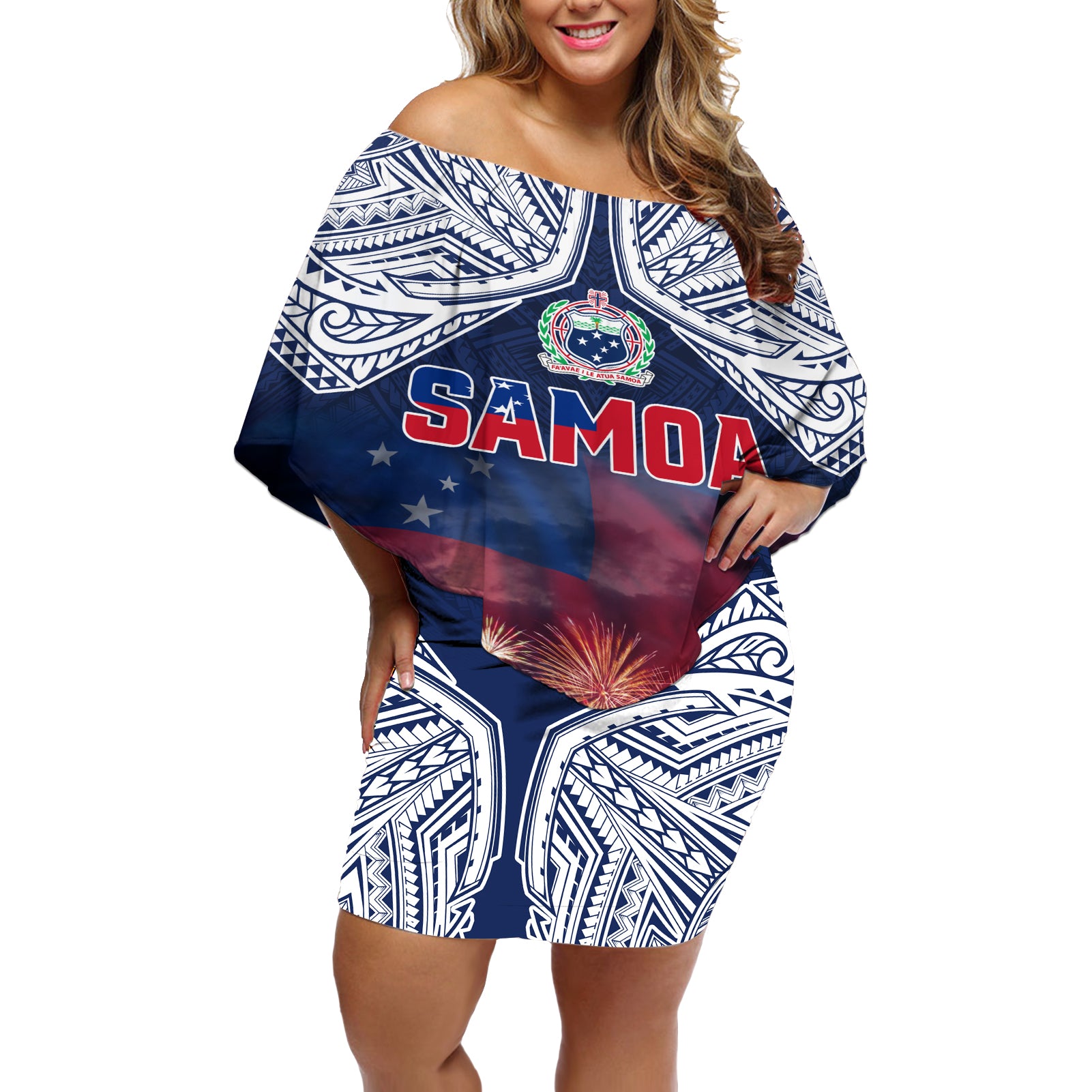 Samoa Indenpendence Day Off Shoulder Short Dress Sky Fireworks with Flag Style LT03 Women Black - Polynesian Pride