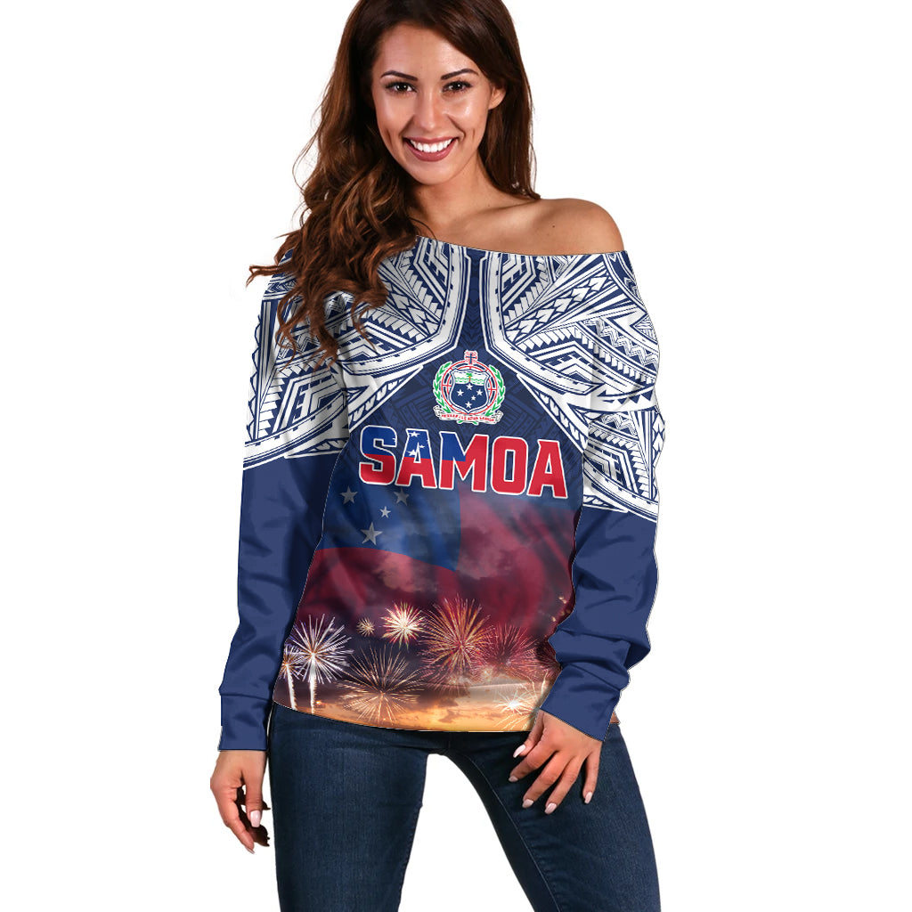 Samoa Indenpendence Day Off Shoulder Sweater Sky Fireworks with Flag Style LT03 Women Black - Polynesian Pride