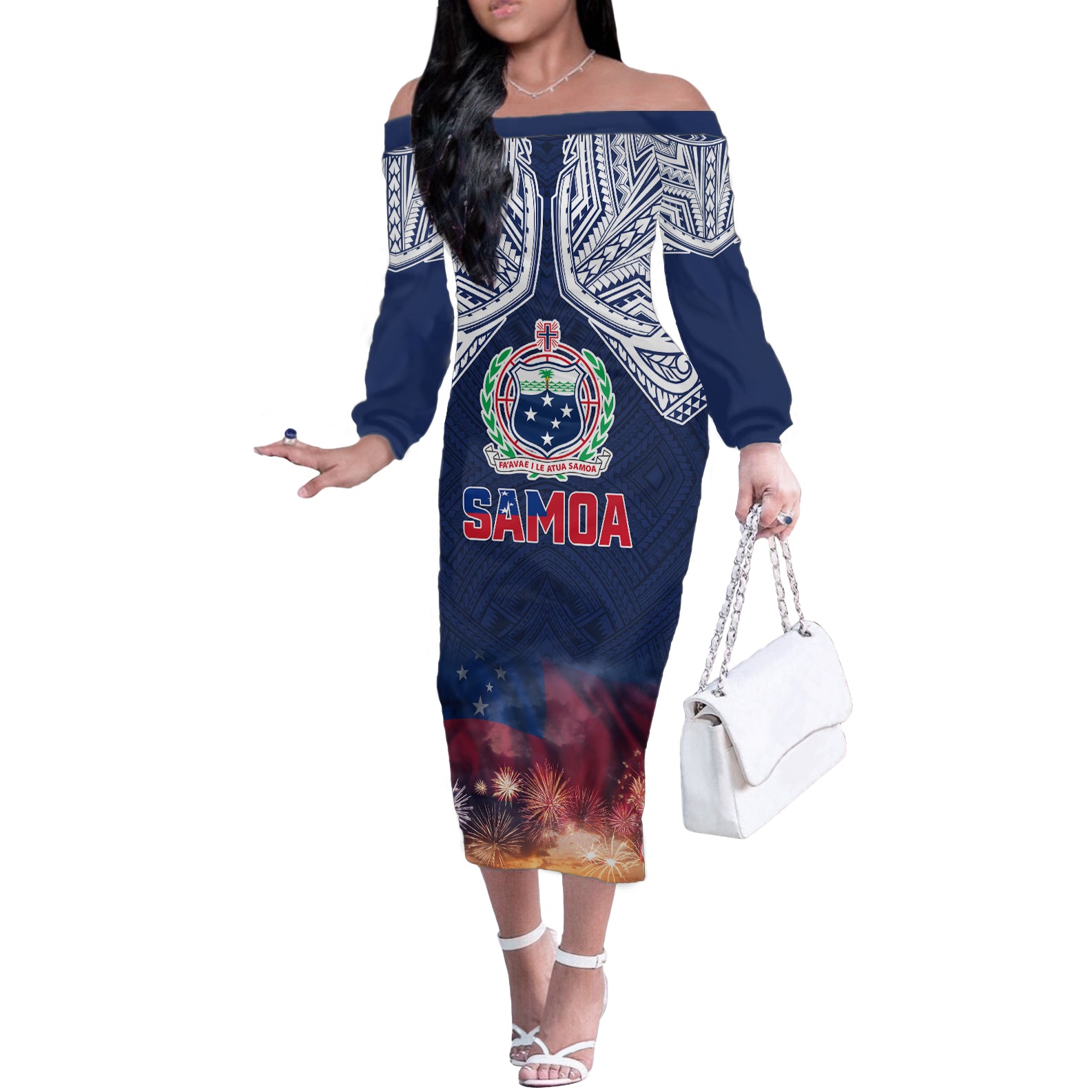 Samoa Indenpendence Day Off The Shoulder Long Sleeve Dress Sky Fireworks with Flag Style LT03 Women Black - Polynesian Pride