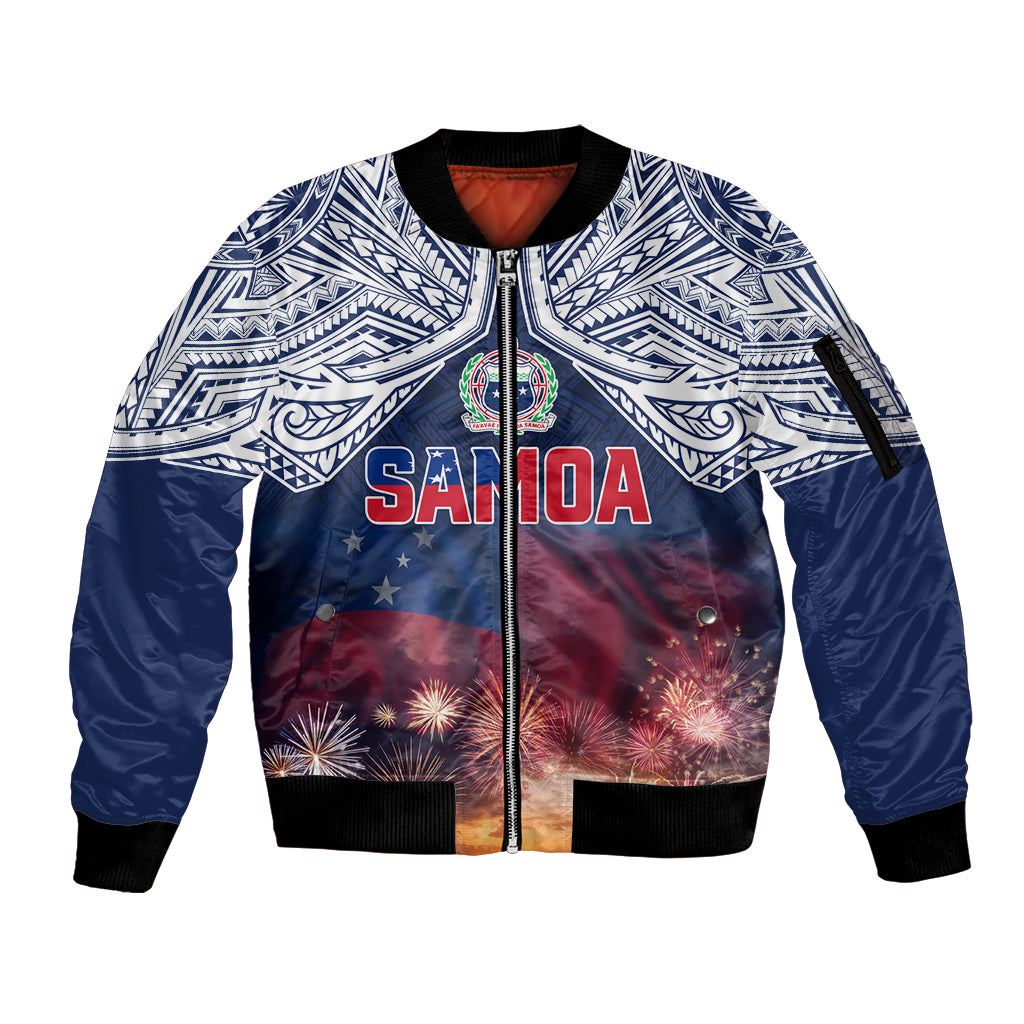 Samoa Indenpendence Day Sleeve Zip Bomber Jacket Sky Fireworks with Flag Style LT03 Unisex Black - Polynesian Pride