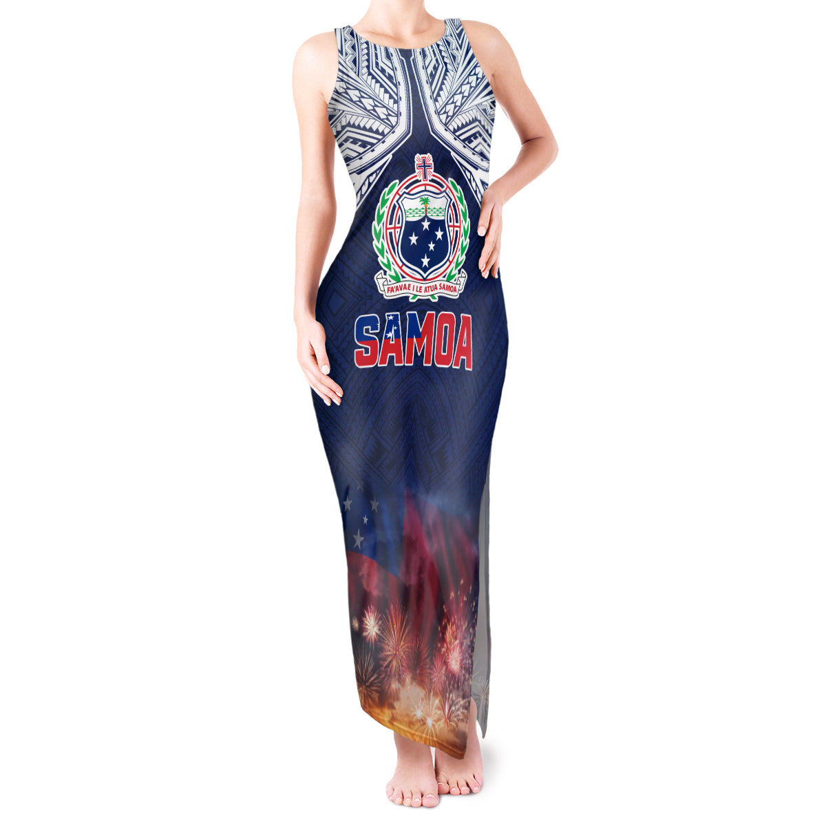 Samoa Indenpendence Day Tank Maxi Dress Sky Fireworks with Flag Style LT03 Women Black - Polynesian Pride