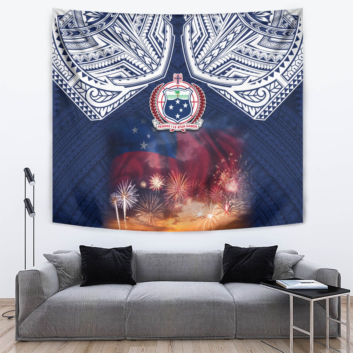 Samoa Indenpendence Day Tapestry Sky Fireworks with Flag Style LT03 Black - Polynesian Pride